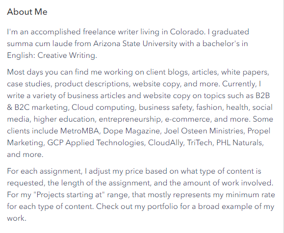 Writer profile bio example